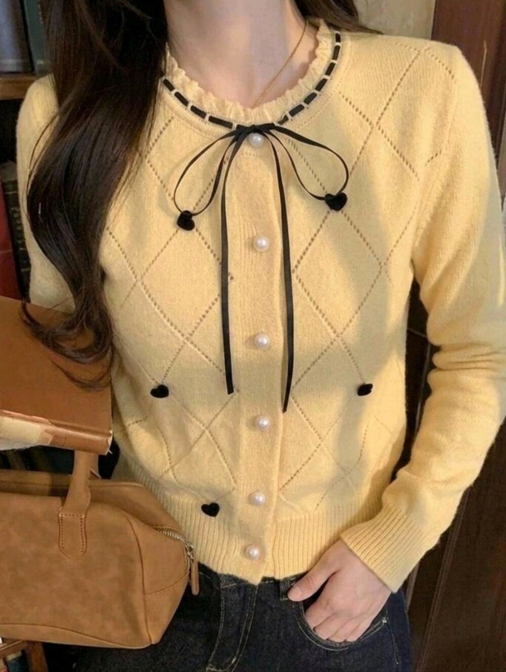 Autumn/Winter Round Neck Yellow Lace Trim Collar Long Sleeve Heart